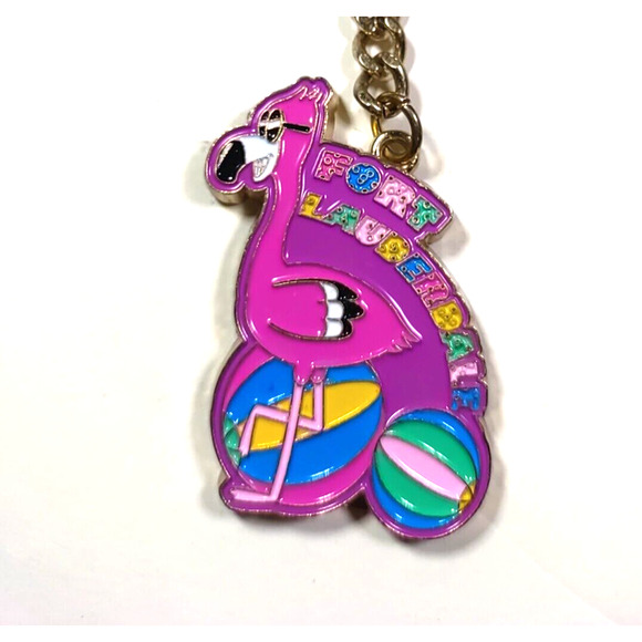 Fort Lauderdale Florida Pink Flamingo Beach Ball Metal Keychain - Picture 2 of 3